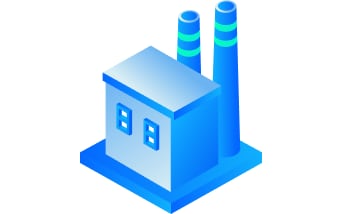 2つの煙突と青い工場の建物を描いたアイコン。