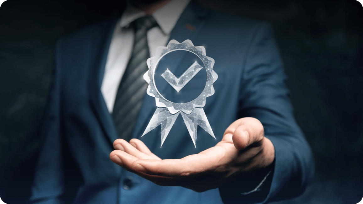 A virtual authentication badge and check mark floating above a businessman's palm.