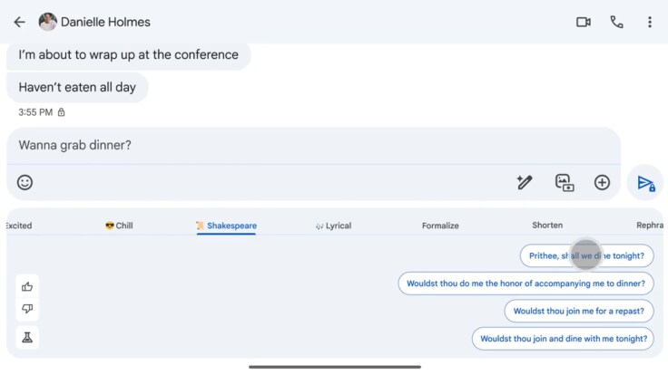 Message suggesting dinner with Shakespearean-style AI reply options.